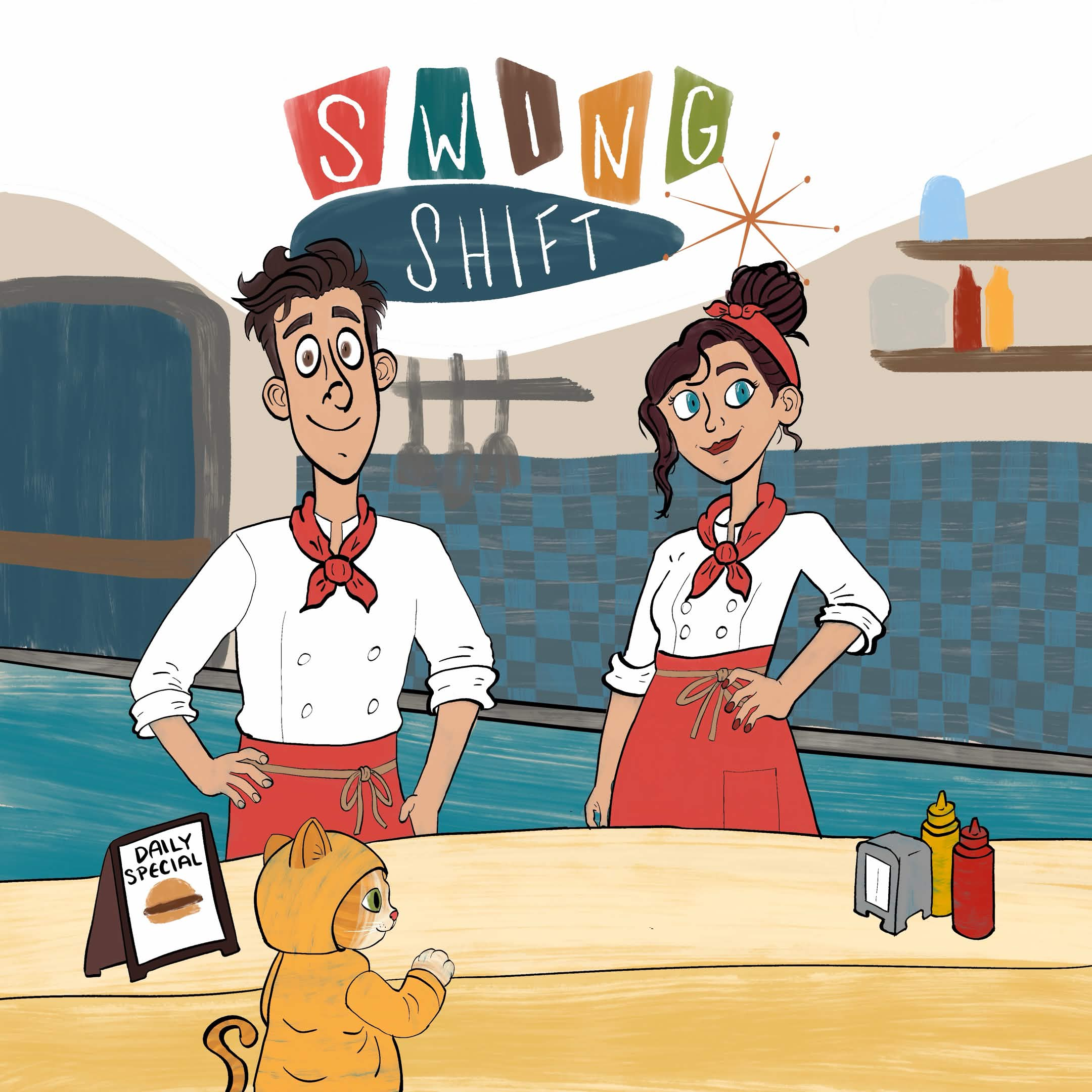 Swing Shift illustration: two chefs behind the supper club counter, with a small cat guest waiting for the daily special