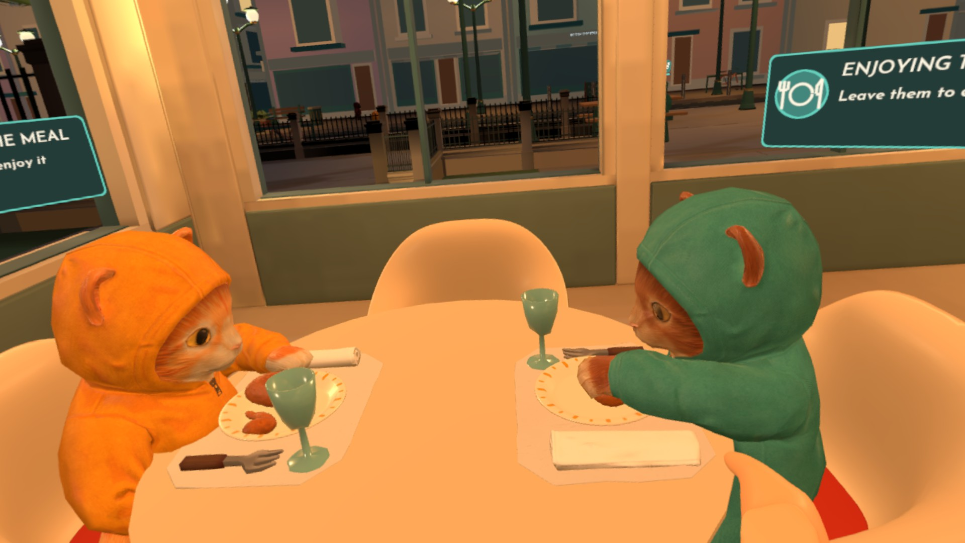 Two cat guests enjoying dinner in the supper club